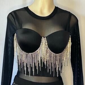 Black Rhinestone Fringe Bustier Bra Top Glam Festival Clubwear